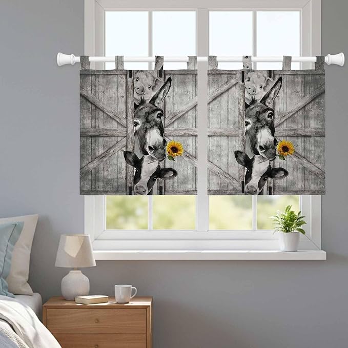 Funny Farm Animals Kitchen Curtains 24 Inch Length, Small Window Curtains Tab Top, Vintage Barn Grey Sunflowers Light Filtering Short Window Treatments Tier Drapes 27.5"x24" 2 Panel