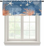Ocean Corals Sheer Valance Curtains, Summer Beach Coral Sea Stars Dark Blue Light Filtering Kitchen Valances Rod Pocket Voile Curtain Window Treatment for Bedroom/Living Room/Basement 42Wx12L