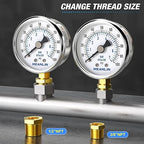 MEANLIN MEASURE 0~100Psi Dry Pressure Gauge Stainless Steel 1/4" NPT 2" FACE DIAL Waterproof for Well Pump Water Tire Water Pressure Tester Lower Mount, with 1/2" NPT and 3/8" NPT Hex Bushing