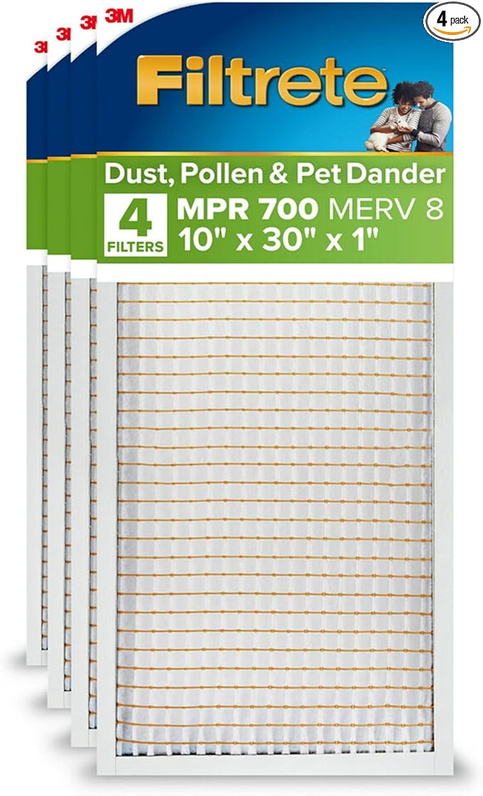 Filtrete 10x30x1 AC Furnace Air Filter, MPR 700, MERV 8, Tough on Pollen, Easy on Airflow, 3-Month Pleated 1-Inch Electrostatic Air Cleaning Filter, 4-Pack (Actual Size 9.81 x 29.81 x 0.81 in)