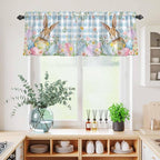 Kitchen Curtains Tiers and Valance Set of 3, Easter Light Filtering Window Curtain Set, Spring Rabbit Eggs Seasonal Flowers Blue Lattice Rod Pocket Curtain Drapes for Living Room, 36 Inches Tiers
