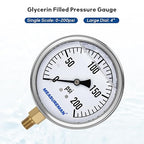 MEASUREMAN Glycerin Filled Plumbing Pressure Gauge 0-200psi Stainless Steel Case, 4" Dial 1/4" NPT Brass Lower Mount, Suitable for Pneumatic Tools, Water Filtration & Industrial Hydraulic Systems
