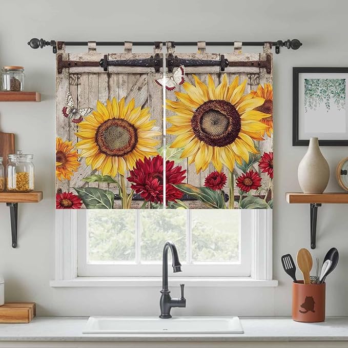 Sunflowers Kitchen Curtains 45 Inch Length, Short Cafe Window Curtains Tab Top, Retro Flower Barn Doors Butterfly Farmhouse Brown Light Filtering Window Treatments Tier Drapes 27.5"x45" 2 Panel