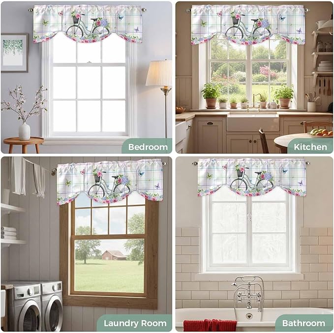 Spring Tie Up Valance Curtains for Windows, Kitchen Curtains Window Shades, Bicycles Botanical Leaves Rose Colorful Stripes Light Filtering Roman Curtain Valances for Bedroom/Bathroom/Cafe 42"x12"