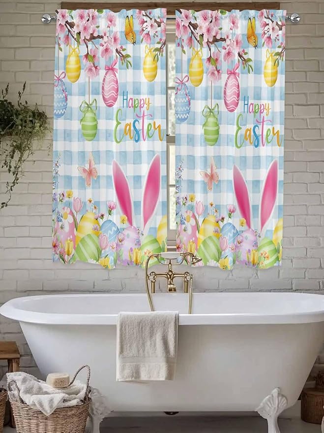 Happy Easter Living Room Curtains 72 Inches length, Spring Watercolor Bunny Eggs Flower Blue Plaid Window Treatment Curtain Drapes, Light Filtering Drapes for Bedroom Laundry Room, 52"x72", 2 Panels