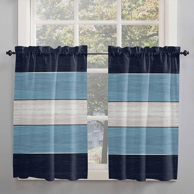 Vintage Country Woodcuts Window Valance Curtains, Blue Gradient Striped Light Filtering Kitchen Valance with 3-inch Rod Pocket for Living Room Bathroom Bedroom,2 Panel,42x54In