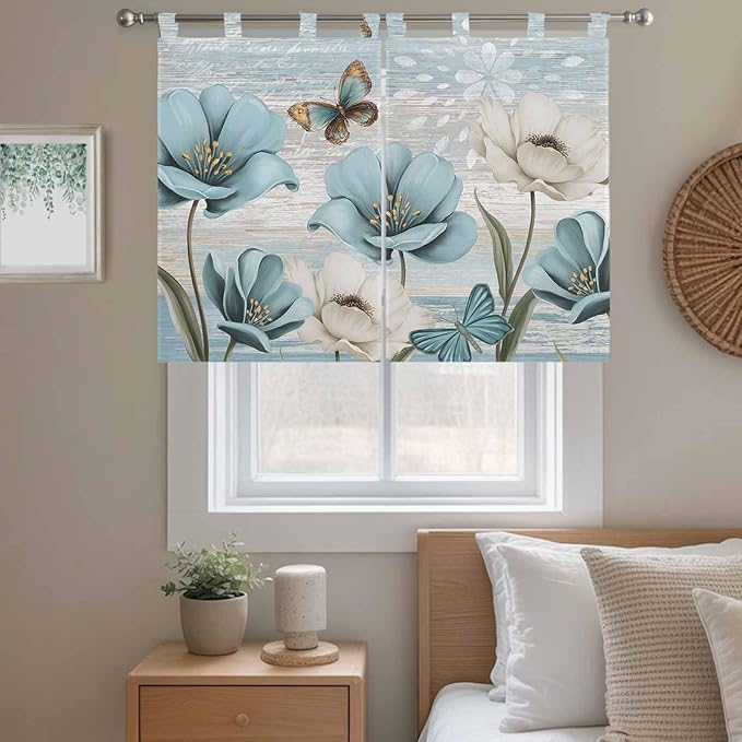 Spring Floral Bedroom Curtains 63 Inch Length, Window Curtains Tab Top, Vintage Tulips Flower Butterfly Retro Wood Blue Light Filtering Window Treatments Drapes 42"x63" 2 Panel