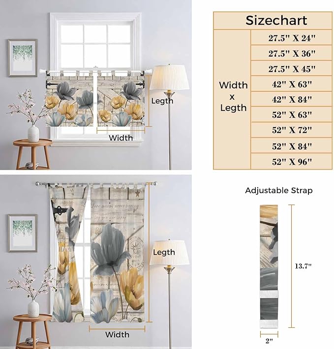 Spring Tulips Flower Bedroom Curtains 63 Inch Length, Window Curtains Tab Top, Vintage Floral Barn Doors Rustic Beige Light Filtering Window Treatments Drapes 42"x63" 2 Panel