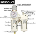YSIL 3/8" NPT Compressed Air Filter Regulator Lubricator Two Units Combo Air Pressure Regulator with Gauge(0-150PSI) Water/Oil Trap Separator,Semi-Auto Drain,Poly Bowl with Metal Guard,Bracket