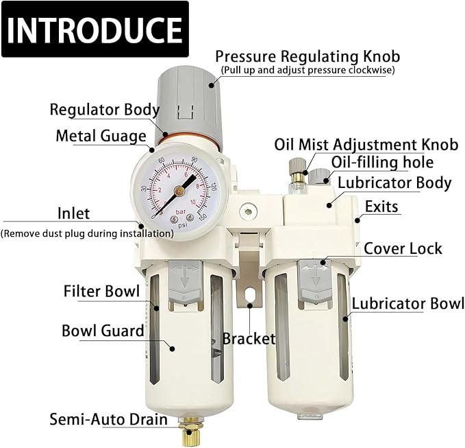 YSIL 1/2" NPT Compressed Air Filter Regulator Lubricator Two Units Combo Air Pressure Regulator with Gauge(0-150PSI) Water/Oil Trap Separator,Semi-Auto Drain,Poly Bowl with Metal Guard,Bracket
