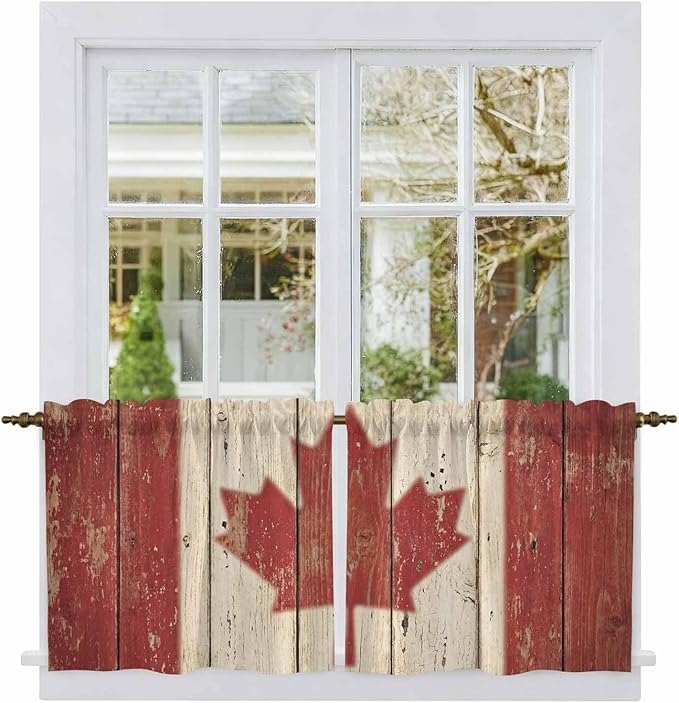 Canada Tier Curtains, Red Maple Leaf Flag Vintage Farmhouse Wooden Grain Light Filtering Kitchen Curtains, 2Pcs Rod Pocket Half Window Treatments Panels for Sink Cafe Cabinet Camper 27.5x36 Inches