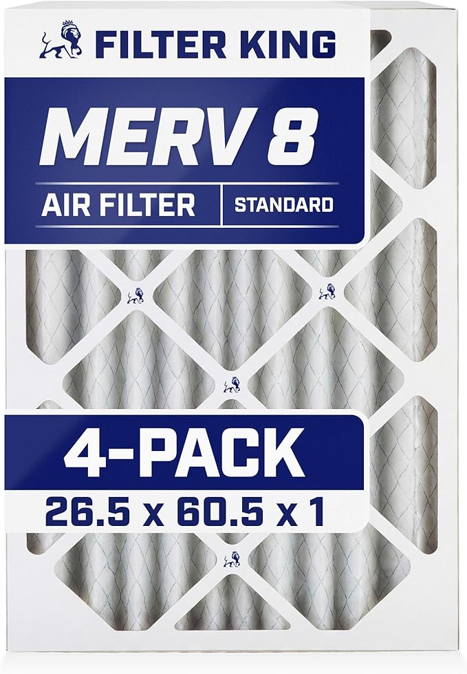 Filter King 26.5x60.5x1 Air Filter | 4-PACK | MERV 8 HVAC Pleated A/C Furnace Filters | MADE IN USA | Actual Size: 26.5 x 60.5 x .75"