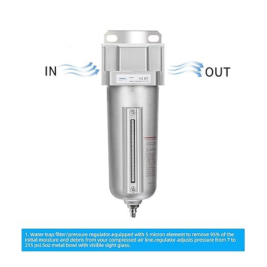 NANPU Industrial Grade Heavy Duty Particulate Filter, Metal Bowl, Suitable for Paint Spray (1/2" NPT, Manual Drain)
