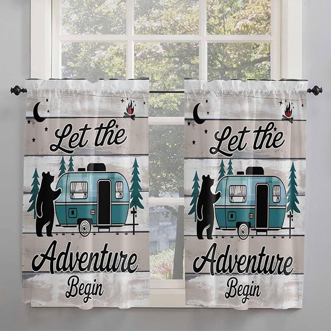 Farmhouse Bear Camper Van Tree Window Valance Curtains, Vintage Wood Grain Light Filtering Kitchen Valance with 3-inch Rod Pocket for Living Room Bathroom Bedroom,2 Panel,52x45In