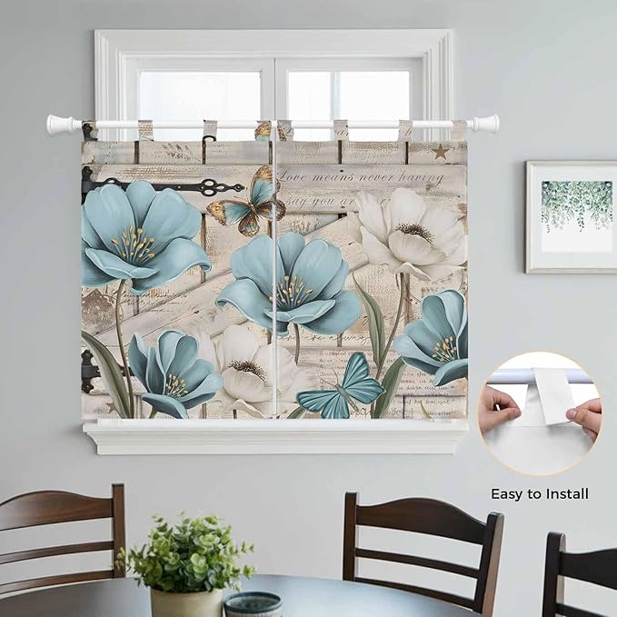Teal Blue Tulips Kitchen Curtains 45 Inch Length, Short Cafe Window Curtains Tab Top, Spring Floral Barn Doors Vintage Wood Beige Light Filtering Window Treatments Tier Drapes 27.5"x45" 2 Panel