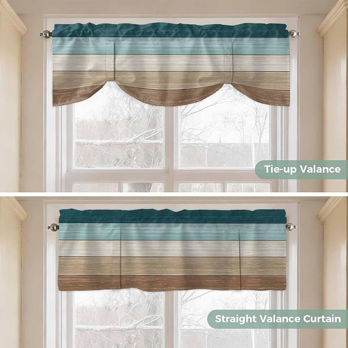 Teal Brown Tie Up Valance Curtains for Windows, Kitchen Curtains Window Shades, Farmhouse Vintage Abstract Wooden Grain Light Filtering Roman Curtain Valances for Bedroom/Bathroom/Cafe 60"x18"