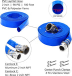 DAVCO 2" ID × 100 ft PVC Lay Flat Discharge Hose, Heavy Duty Reinforced Blue Pool Backwash Hoses For Swimming Drain Pools, with Aluminum Camlock C and E Fittings, Cam Lock Fitting Type F included