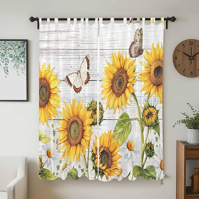 Yellow Sunflowers Living Room Curtains 96 Inch Length, Window Curtains Tab Top, Vintage Country Flowers Butterfly Wood Board Light Filtering Window Treatments Drapes 52"x96" 2 Panel
