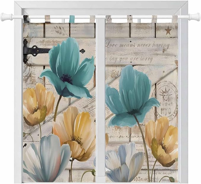 Watercolor Flowers Bedroom Curtains 72 Inch Length, Window Curtains Tab Top, Vintage Tulips Floral Barn Doors Wood Grain Light Filtering Window Treatments Drapes 52"x72" 2 Panel