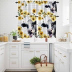 Kitchen Curtains Tiers and Valance Set of 3, Cow Sunflowers Light Filtering Window Curtain Set, Farmhouse Animals Plants Wooden Grain Rod Pocket Curtain Drapes for Cafe, Living Room, 24 Inches Tiers