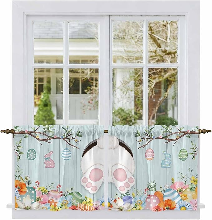 Easter Bunny Kitchen Tier Curtains 24 Inch Long 2 Panel Set,Rod Pocket Cafe Small Window Curtains Over Sink,Easter Eggs Spring Farmhouse Wood Grain Teal Blue Light Filtering Short Drapes 27.5"W x 24"L