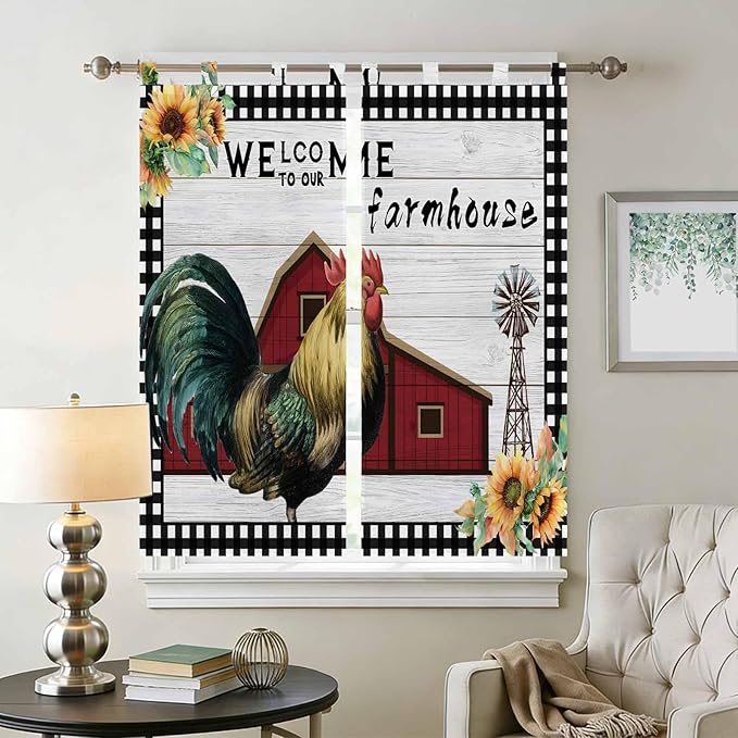 Farmhouse Rooster Living Room Curtains 84 Inch Length, Window Curtains Tab Top, Rustic Red Barn Windmill Sunflowers Light Filtering Window Treatments Drapes 42"x84" 2 Panel