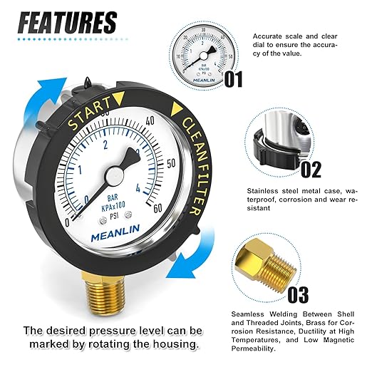 MEANLIN MEASURE 0~60Psi Stainless Steel Start and Clean Filter Pressure Gauge 1/4" NPT 2"FACE DIAL Waterproof for Pool Filter Pump Swimming Pool, spa, Aquarium Lower Mount with Rotatable Plastic Frame