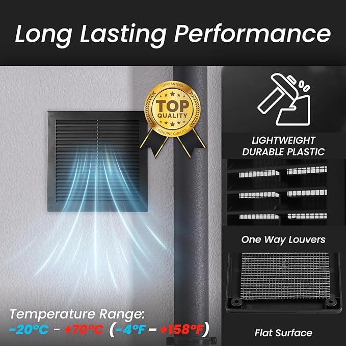 Repa Market 10 x 10 Inch (Outer) Black Square Air Vent Cover - Plastic Fresh Air Intake Vent - AC Cover with Nylon Mesh Screen, Wall, Ceiling HVAC Return Air Register, Modern Soffit Vents