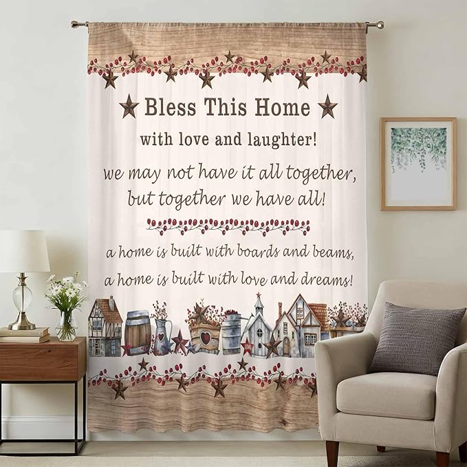 Farmhouse Sheer Curtains 84 Inch Length Country Star Barn Berry Brown Wood Plank Chiffon Curtain for Bedroom Living Room Light Filtering Rod Pocket Window Treatments Voile Curtains Drapes for Dining