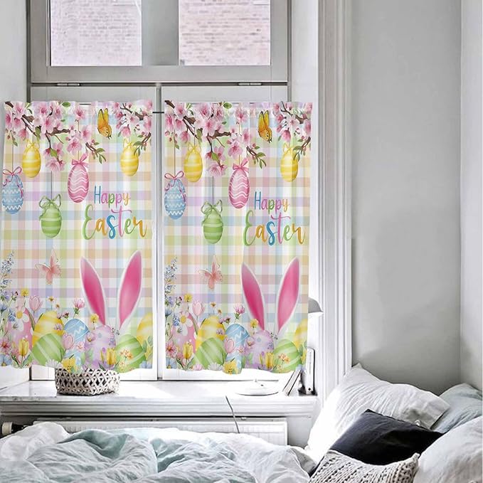 Happy Easter Kitchen Curtains 54 Inches Length, Spring Bunny Colorful Eggs Flower Plaid Window Treatment Curtain Drapes, Thermal Insulated Drapes for Basement Hotel RV, 42"x54", 2 Panels