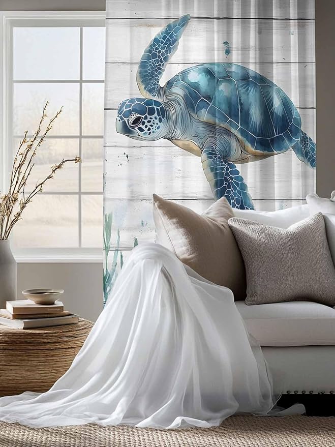 Sheer Curtains 72 Inches Long, Teal Green Ocean Turtle Semi Sheer Curtains Light Filtering Window Treatment, Coastal Seaweed Wood Grain Privacy Voile Drapes for Living Room Bedroom 52x72 Inch