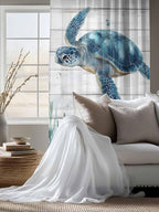 Sheer Curtains 63 Inch Length, Teal Green Ocean Turtle Semi Sheer Curtains Light Filtering Window Treatment, Coastal Seaweed Wood Grain Privacy Voile Drapes for Living Room Bedroom 52x63 Inch