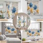 Blue Yellow Tulips Bathroom Curtains 63 Inch Length, Window Curtains Tab Top, Retro Farmhouse Flower Barn Doors Wooden Light Filtering Window Treatments Drapes 52"x63" 2 Panel