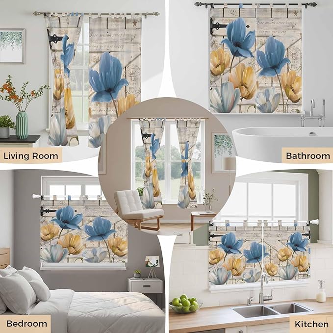 Blue Yellow Tulips Living Room Curtains 96 Inch Length, Window Curtains Tab Top, Retro Farmhouse Flower Barn Doors Wooden Light Filtering Window Treatments Drapes 52"x96" 2 Panel
