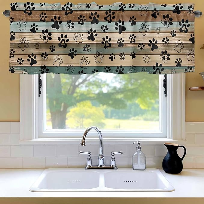 Dog Paws Valances for Windows, Teal Brown Wood Grain Kitchen Valance Light Filtering Rod Pocket Short Curtains for Kitchen Bathroom, 1 Panel, 42"x12"