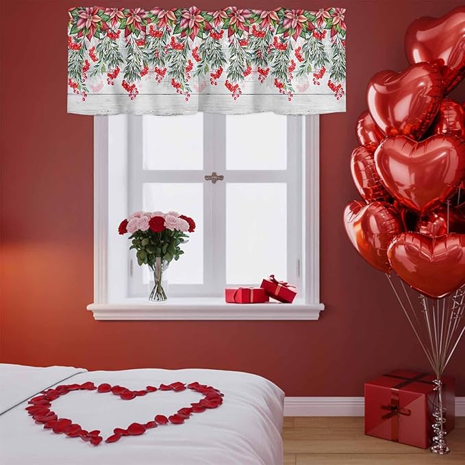 Poinsettia Berry Valance Curtains for Kitchen, Red Floral Winter Plants Vintage Wood Grain Privacy Rod Pocket Valance Curtain, Light-Filtering Window Treatment for Bedroom Bathroom, 42"x12"