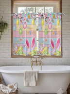Colorful Easter Tier Curtains 45 Inches Long, Spring Watercolor Bunny Egg Flower Wood Grain Window Treatment Curtain Drapes, Small Curtain Drapes for Bathroom Laundry Room, 27.5"x45", 2 Panels