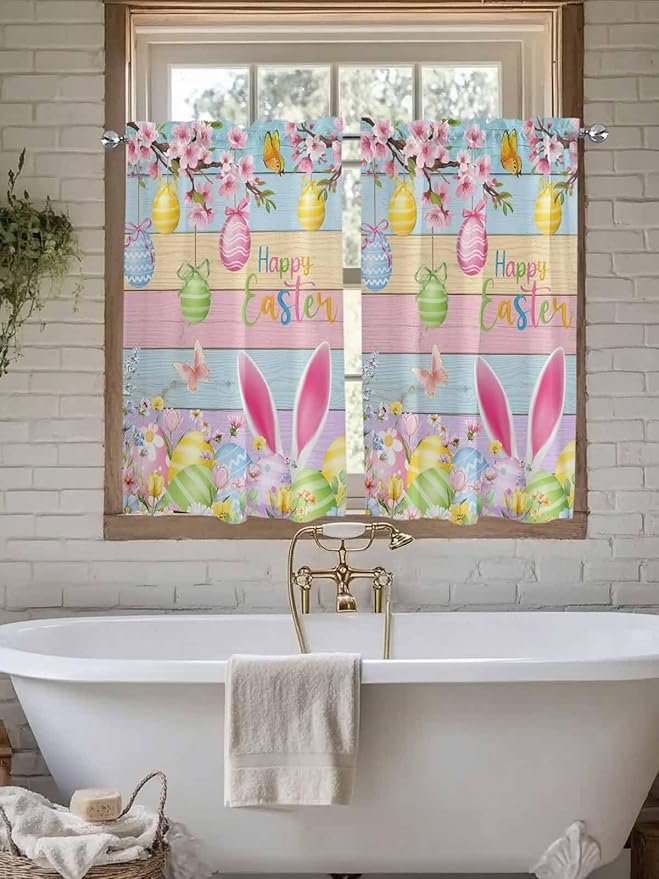 Colorful Easter Kitchen Curtains 54 Inches length, Spring Watercolor Bunny Egg Flower Wood Grain Window Treatment Curtain Drapes, Thermal Insulated Drapes for Basement Hotel RV, 42"x54", 2 Panels