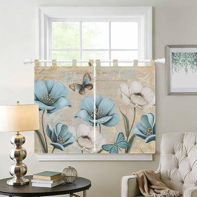 Spring Flowers Bedroom Curtains 63 Inch Length, Window Curtains Tab Top, Vintage Rustic Tulips Floral Butterfly Khaki Light Filtering Window Treatments Drapes 42"x63" 2 Panel