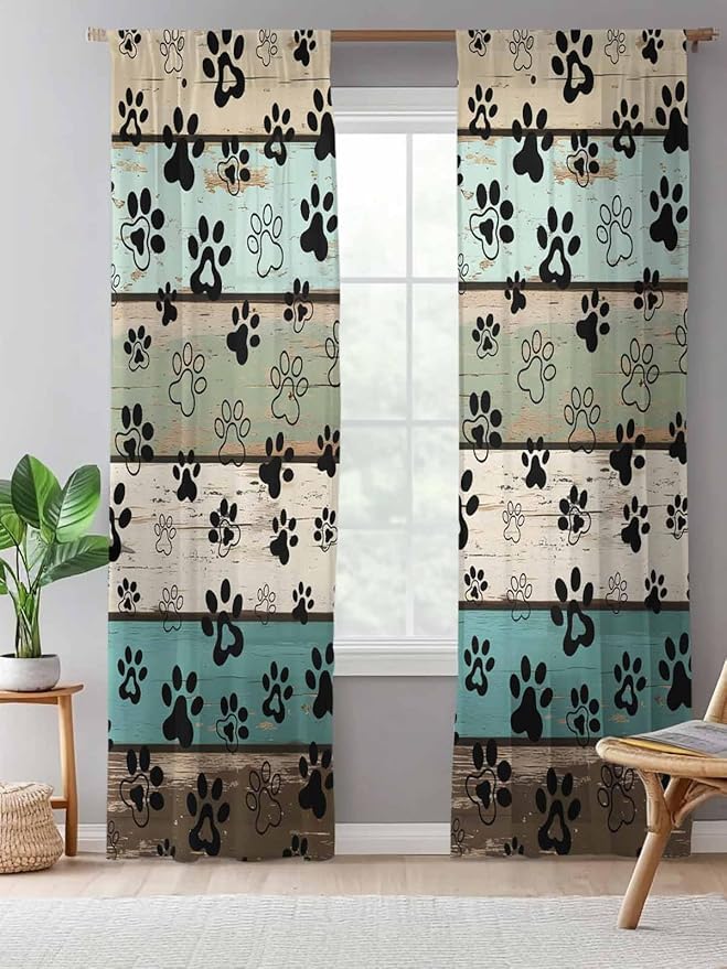 Sheer Curtains 96 Inches Long, Sage Green Brown Paw Prints Semi Sheer Curtains Light Filtering Window Treatment, Vintage Farmhouse Wooden Grain Privacy Voile Drapes for Living Room Bedroom 52x96 Inch