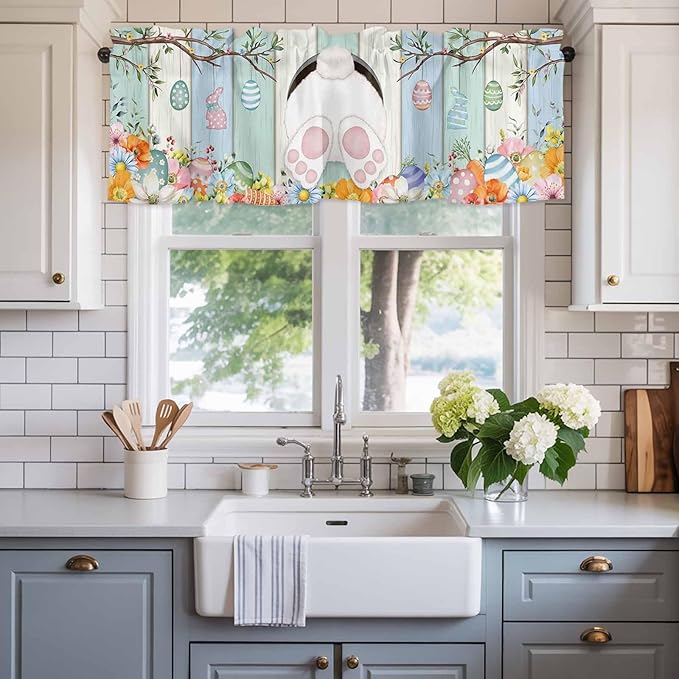 Easter Curtain Valances for Windows, Kitchen Valance Window Treatment, Spring Watercolor Bunny Eggs Wood Grain Teal Blue Light Filtering Block Curtains for Bathroom/Bedroom/Living Room 42'' x 12''