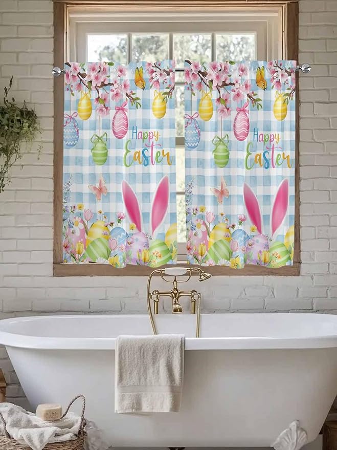 Happy Easter Kitchen Curtains 54 Inches length, Spring Watercolor Bunny Eggs Flower Blue Plaid Window Treatment Curtain Drapes, Thermal Insulated Drapes for Basement Hotel RV, 42"x54", 2 Panels