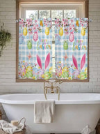 Happy Easter Kitchen Curtains 54 Inches length, Spring Watercolor Bunny Eggs Flower Blue Plaid Window Treatment Curtain Drapes, Decorative Window Curtains for Bedroom Cafe, 52"x54", 2 Panels