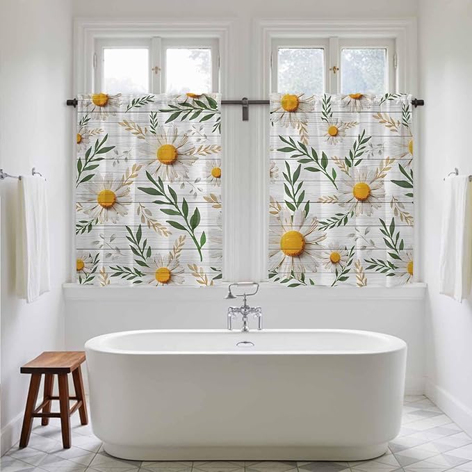 Spring Daisy Kitchen Curtains, Farmhouse Country Flower Leaf Plant Wood Grain Light Filtering Window Curtain Panels, 2Pcs Rod Pocket Window Treatments Set for RV Dining Room Study Room 42x45 Inches
