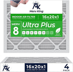 MervKing 16x20x1 Air Filter Actual Size: 15.7" x 19.7" x 0.75" MERV 8 MPR 600-700 | MADE IN USA | 4-Pack | Pleated HVAC AC Furnace Replacement