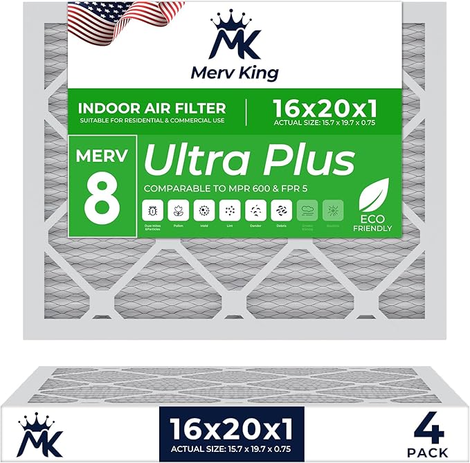 MervKing 16x20x1 Air Filter Actual Size: 15.7" x 19.7" x 0.75" MERV 8 MPR 600-700 | MADE IN USA | 4-Pack | Pleated HVAC AC Furnace Replacement