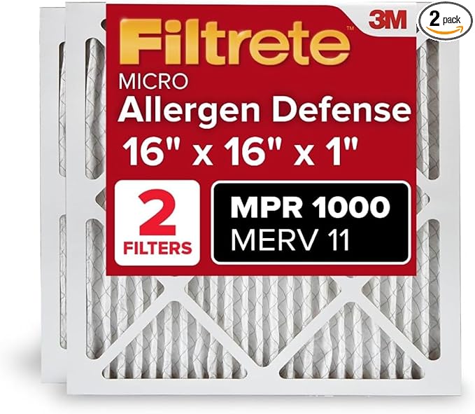 Filtrete 16x16x1 AC Furnace Air Filter, MERV 11, MPR 1000, Micro Allergen Defense, 3-Month Pleated 1-Inch Electrostatic Air Cleaning Filter, 2 Pack (Actual Size 15.81 x 15.81 x 0.81 in)