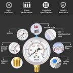 0-15 Psi Glycerin Liquid Filled Low Pressure Gauge, 2.5" Dial Size, 1/4" NPT Lower Mount, 304 Stainless Steel Case, for Water Pipe, HVAC, Water Oil Air Pressure Test