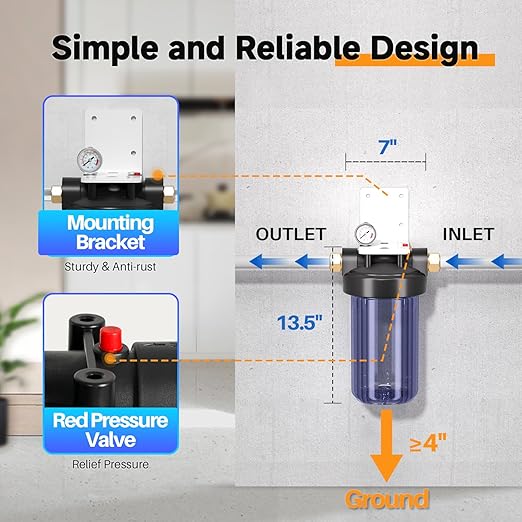 PUREPLUS Whole House Water Filter Housing, 10"x4.5" Universal Housing, Pre-Filtration System, with Pressure Gauge, 1" NPT
