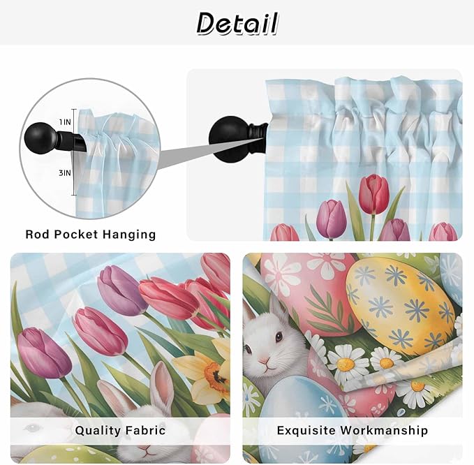 Easter Window Curtains 63 Inch Long 2 Panel Set, Rod Pocket Bedroom Curtains & Drapes, Spring Bunny Colorful Eggs Tulip Flowers Blue Check Light Filtering Window Treatment for Living Room 42"W x 63"L